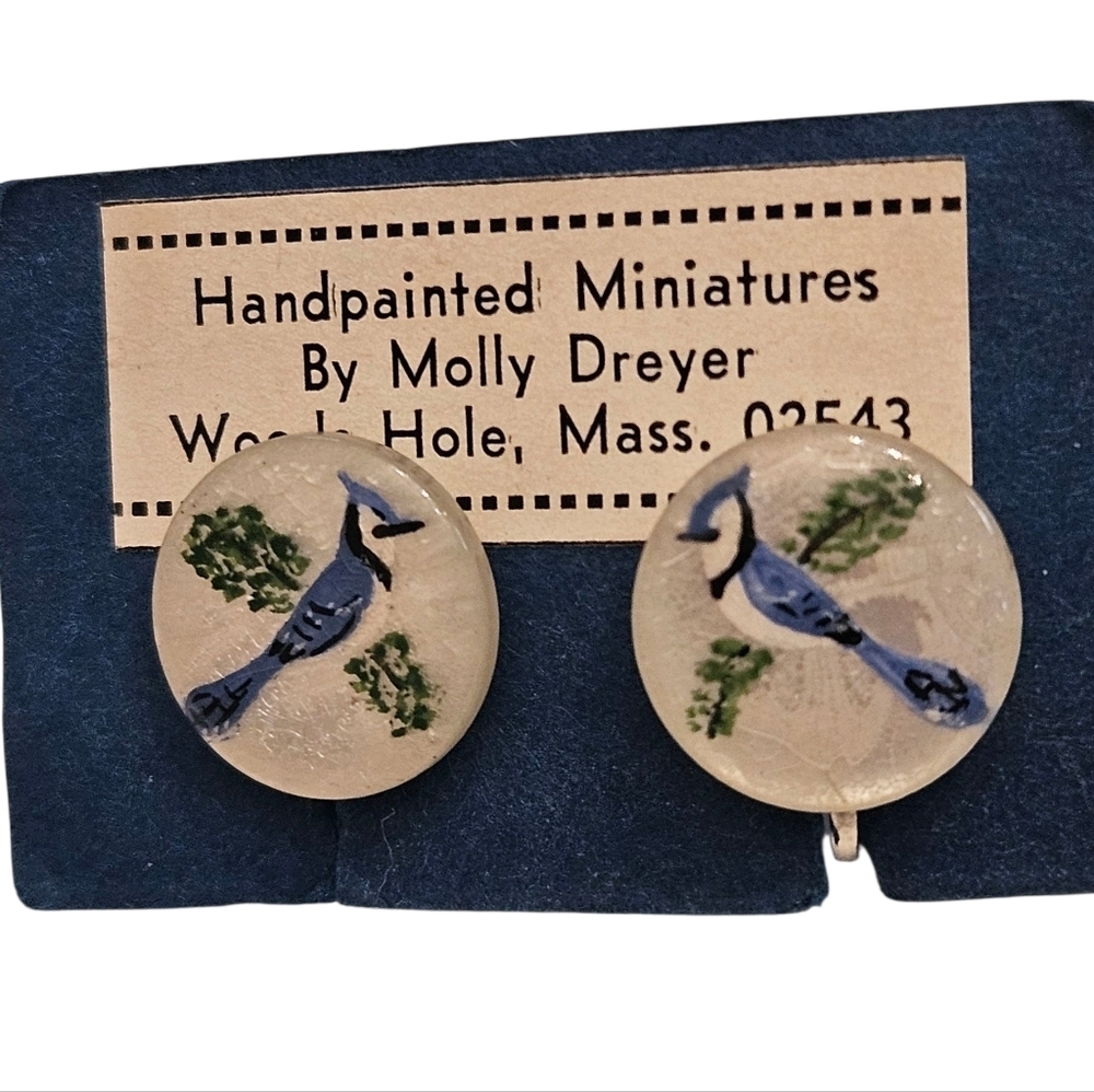 Adorable!! NWT Handpainted Bird Miniature Earrings by Molly Dreyer, Clip-on